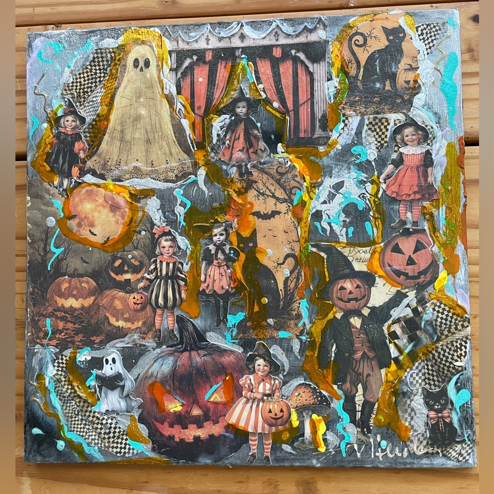 Old Fashioned Halloween Handmade Collage with Acrylic 12”x12” on Wood